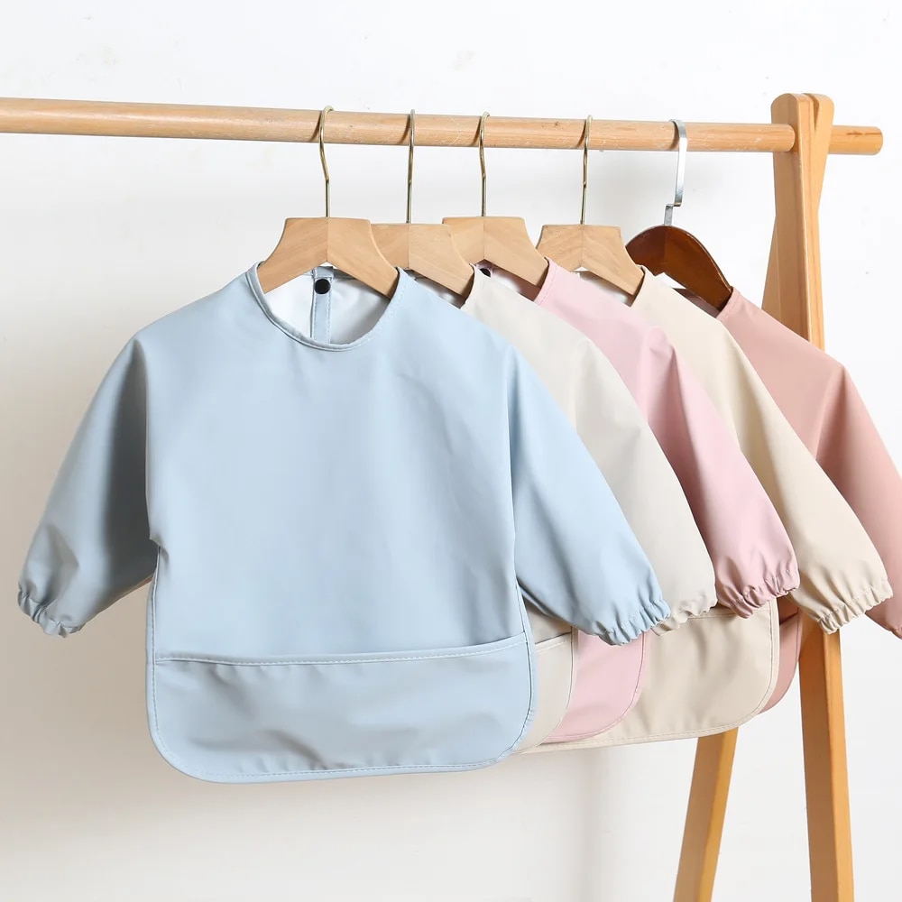Baby Food Apron - 긴 소매와 솔리드 컬러 아기 먹이